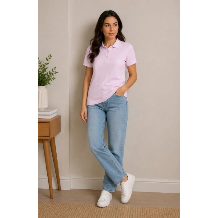 Kadın Polo Yaka Pike Kumaş Düğmeli Basic Tişört Günlük Rahat - Pembe