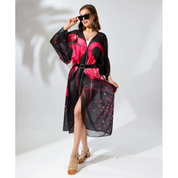 Kadın Rahat Kesim Şifon Kimono - Siyah