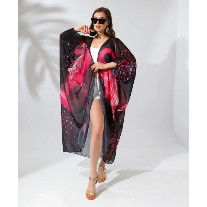 Kadın Rahat Kesim Şifon Kimono - Siyah