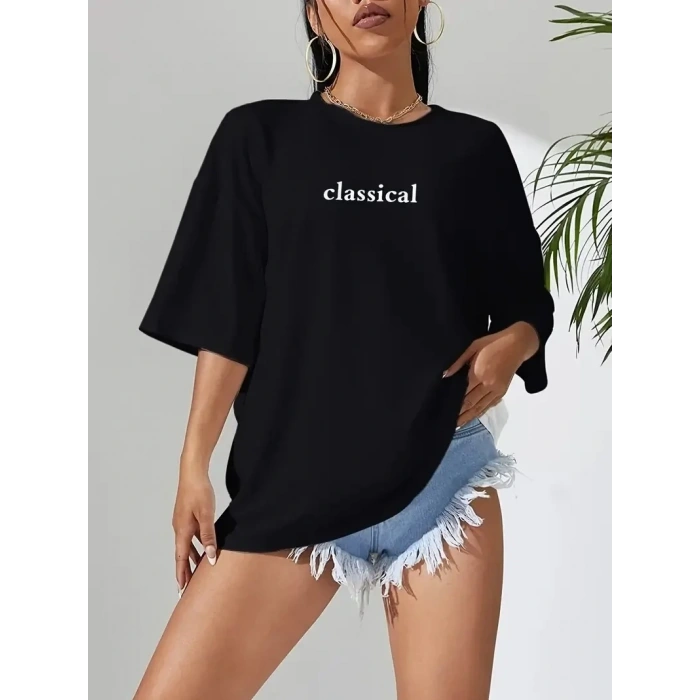 Kadın T-shirt Penye Compack Classical Baskılı Kısa kol Tişört - Siyah