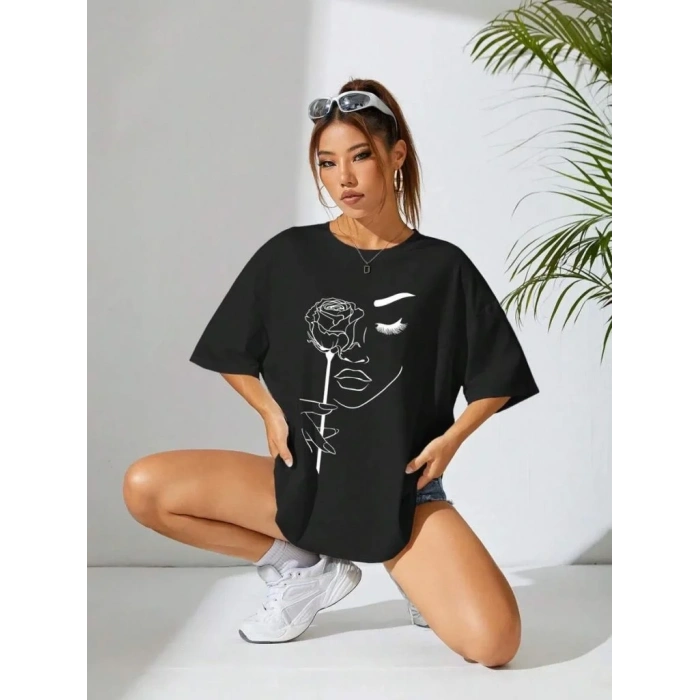 Kadın Tişört Baskılı Kısa kol Oversize T-shirt - Siyah