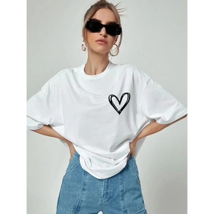 Kadın Tişört Bisiklet Yaka Baskılı Oversize T-Shirt - Beyaz