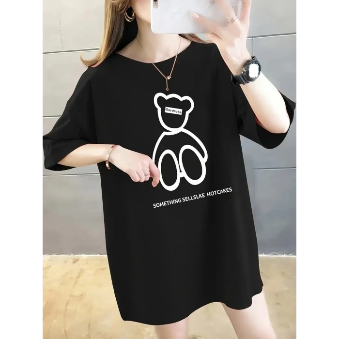 Kadın Tişört Penye Compack Baskılı Oversize Bisiklet Yaka T-shirt - Siyah