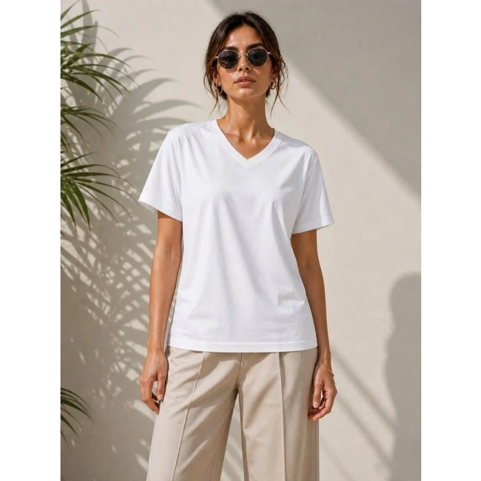 Kadın V Yaka Basic Tişört Kısa Kol Yazlık Regular Fit T-Shirt - Beyaz
