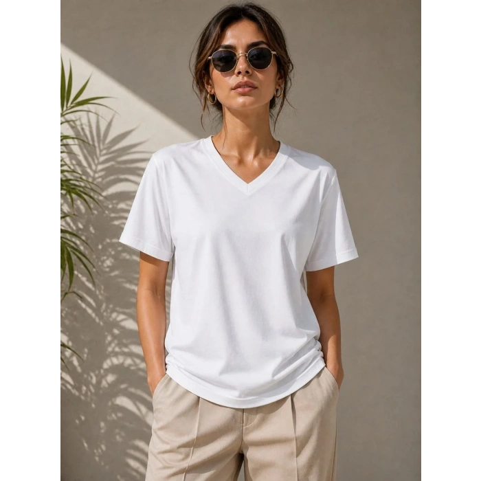 Kadın V Yaka Basic Tişört Kısa Kol Yazlık Regular Fit T-Shirt - Beyaz