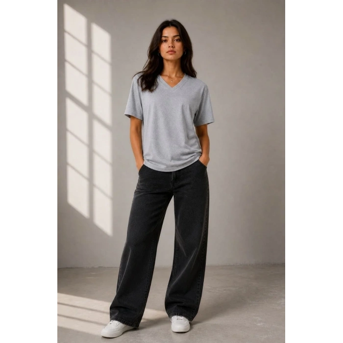 Kadın V Yaka Basic Tişört Kısa Kol Yazlık Regular Fit T-Shirt - Gri