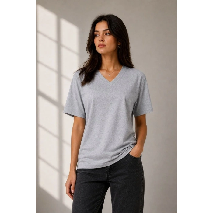 Kadın V Yaka Basic Tişört Kısa Kol Yazlık Regular Fit T-Shirt - Gri