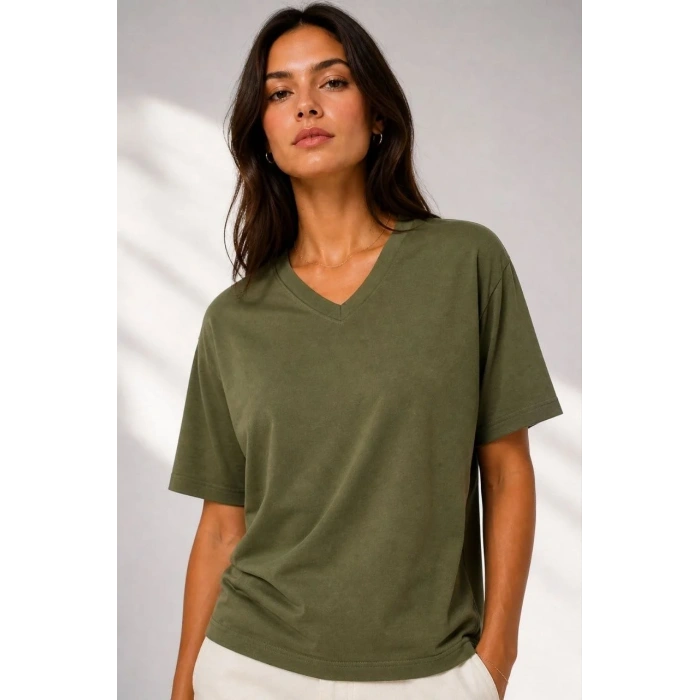 Kadın V Yaka Basic Tişört Kısa Kol Yazlık Regular Fit T-Shirt - Haki
