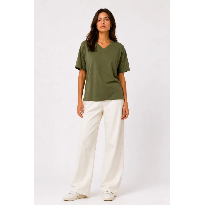 Kadın V Yaka Basic Tişört Kısa Kol Yazlık Regular Fit T-Shirt - Haki