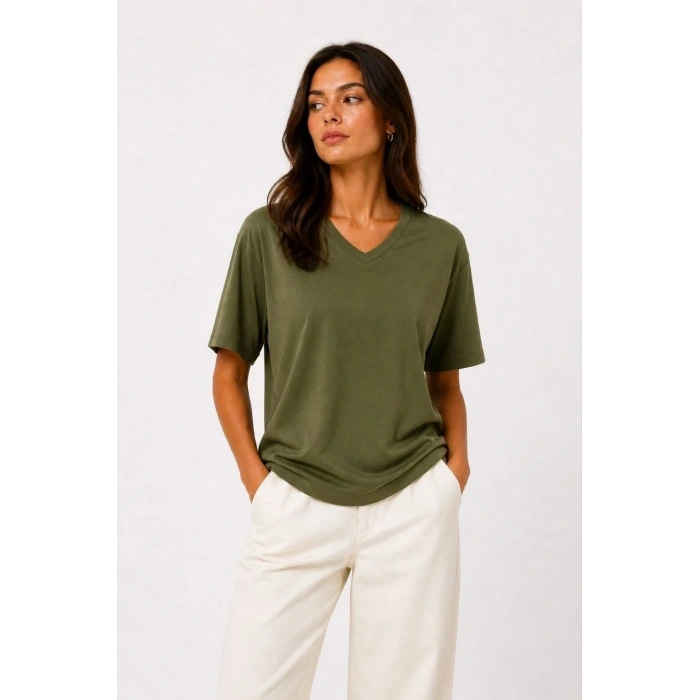 Kadın V Yaka Basic Tişört Kısa Kol Yazlık Regular Fit T-Shirt - Haki