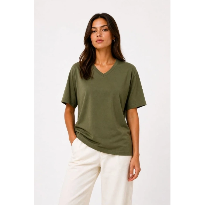 Kadın V Yaka Basic Tişört Kısa Kol Yazlık Regular Fit T-Shirt - Haki