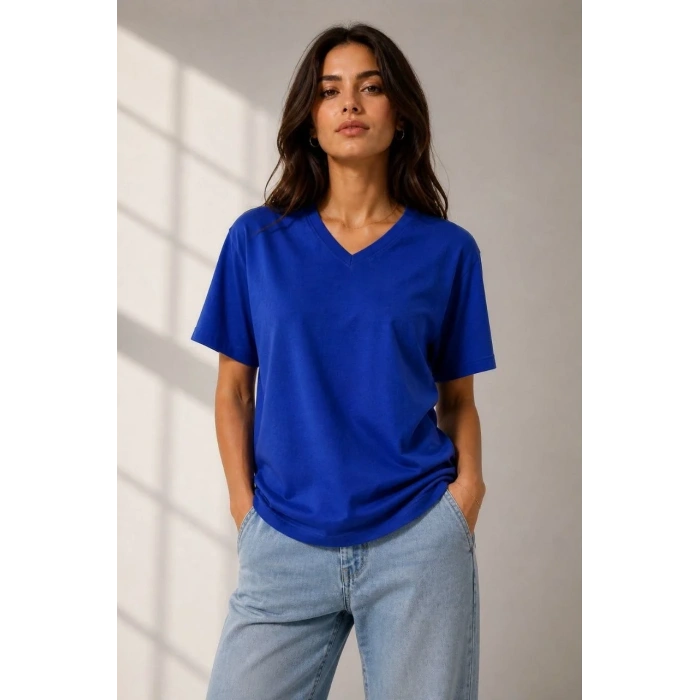 Kadın V Yaka Basic Tişört Kısa Kol Yazlık Regular Fit T-Shirt - Saks Mavisi