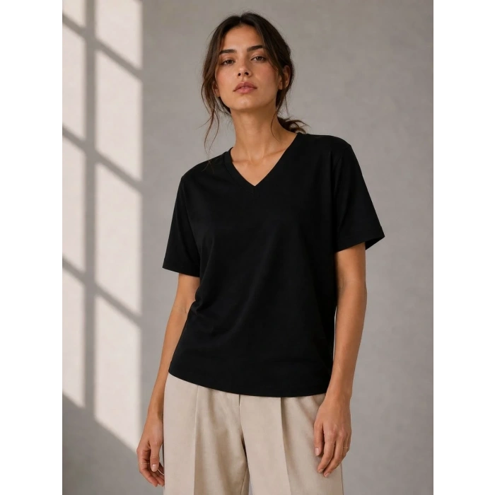 Kadın V Yaka Basic Tişört Kısa Kol Yazlık Regular Fit T-Shirt - Siyah