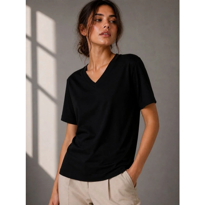 Kadın V Yaka Basic Tişört Kısa Kol Yazlık Regular Fit T-Shirt - Siyah