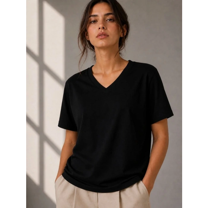 Kadın V Yaka Basic Tişört Kısa Kol Yazlık Regular Fit T-Shirt - Siyah