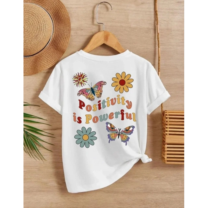Kız Çocuk Bisiklet Yaka Baskılı T-Shirt - Beyaz