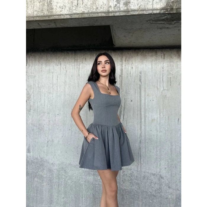 Kolsuz Mini Elbise- Gri