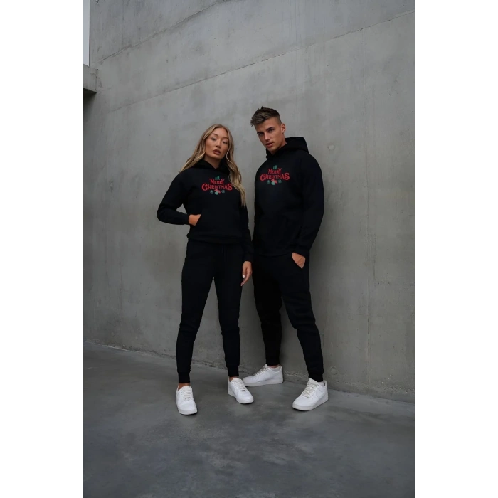 Yılbaşı Merry Christmas Baskılı Oversize Kapüşonlu Sweatshirt Hoodie - Siyah
