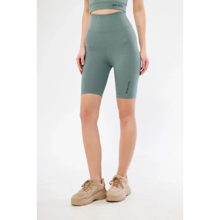 Yüksek Bel Fitilli Biker Baskılı Şort - Mint Yeşili