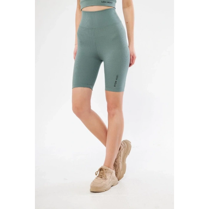 Yüksek Bel Fitilli Biker Baskılı Şort - Mint Yeşili