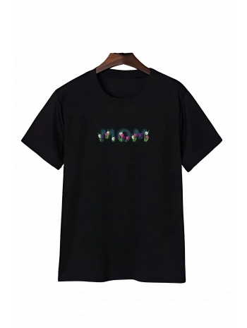 Anneler Günü Mom Çiçek Temalı Baskılı Oversize Bisiklet Yaka T-shirt - Siyah