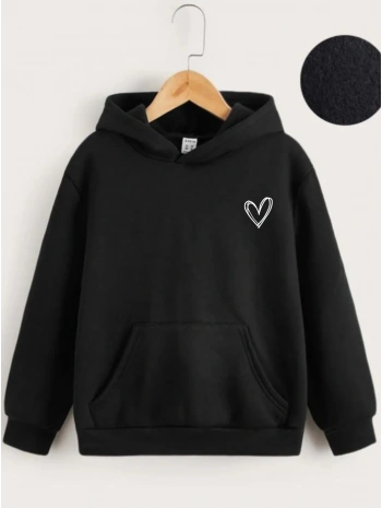Çocuk Unisex Kapüşonlu Çizgi Kalp Baskılı Sweatshirt - Siyah