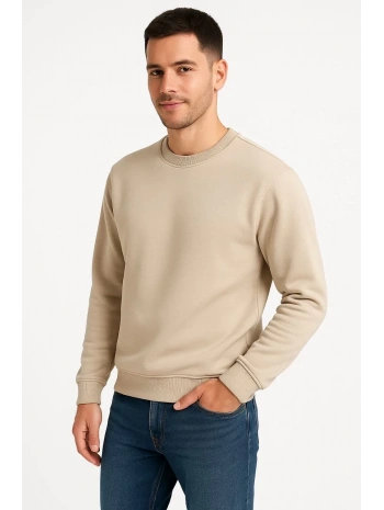 Erkek 3 İplik Pamuklu Düz Bisiklet Yaka SweatShirt - Bej