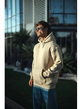 Erkek 3 İplik Pamuklu Kapüşonlu Basic SweatShirt Hoodie - Bej