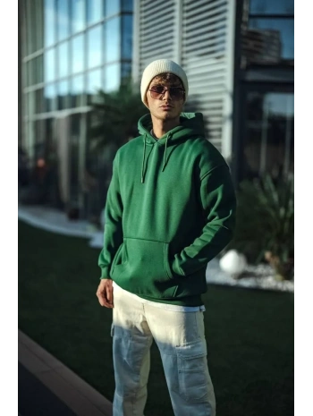 Erkek 3 İplik Pamuklu Kapüşonlu Basic SweatShirt Hoodie - Haki
