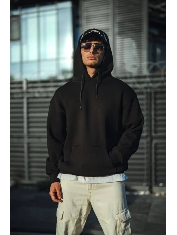 Erkek 3 İplik Pamuklu Kapüşonlu Basic SweatShirt Hoodie - Siyah