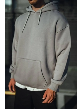 Erkek 3 İplik Penye Kapüşonlu Basic SweatShirt Hoodie - Boyalı Gri