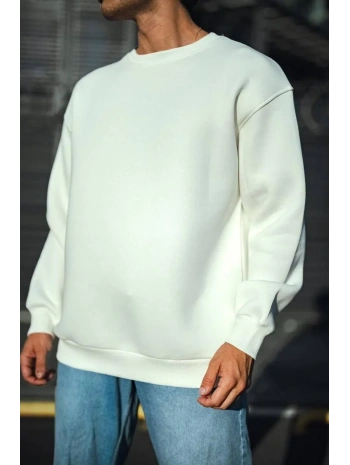Erkek  Bisiklet Yaka 3 İplik Pamuklu Basic SweatShirt - Beyaz