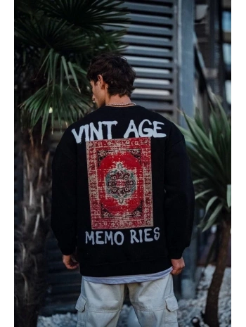 Erkek Bisiklet Yaka 3 İplik Pamuklu Baskılı SweatShirt - Siyah