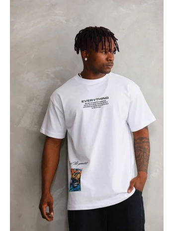 Erkek Bisiklet Yaka Baskılı Oversize T-Shirt - Beyaz