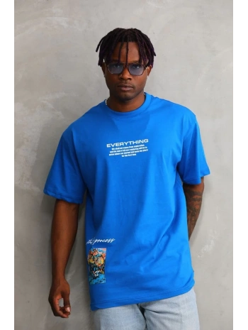 Erkek Bisiklet Yaka Baskılı Oversize T-Shirt - Mavi