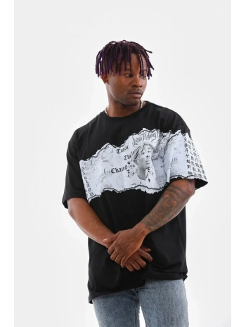 Erkek  Bisiklet Yaka Baskılı Oversize T-Shirt - Siyah
