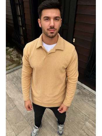 Erkek Fitilli Polar Sweatshirt Düğmesiz Yaka Oversize - Bej