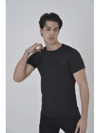Erkek Göğüs File Aksesuarlı T-shirt - Siyah