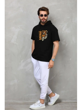 Erkek Kapüşonlu Kısa Kol Oversize Baskılı T-Shirt - Siyah