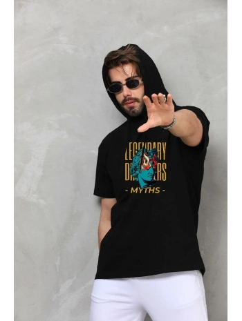 Erkek Kapüşonlu Kolsuz Oversize Baskılı Tişört - Siyah