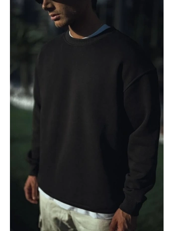 Erkek pamuklu Bisiklet Yaka 3 İplik Basic SweatShirt - Siyah