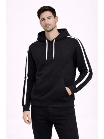 Erkek Şeritli Kapüşonlu Sweatshirt Oversize 3 iplik Pamuklu Hoodei - Siyah