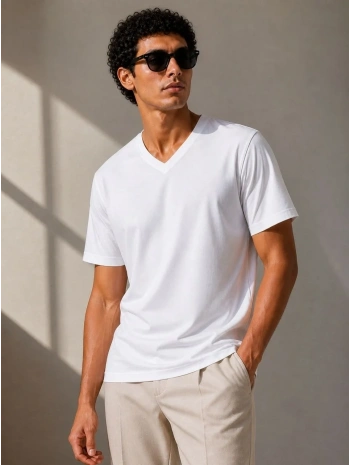 Erkek V Yaka Basic Tişört Kısa Kol Yazlık Regular Fit T-Shirt - Beyaz