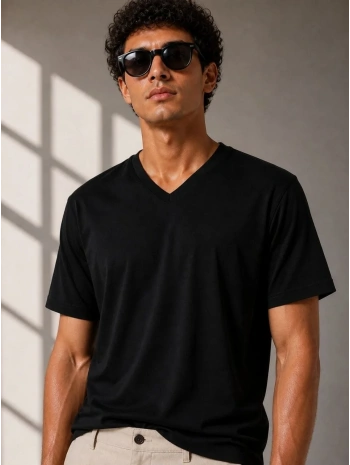 Erkek V Yaka Basic Tişört Kısa Kol Yazlık Regular Fit T-Shirt - Siyah