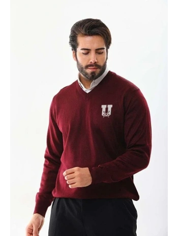 Erkek V Yaka Kazak Baskılı Dokuma Triko - Bordo