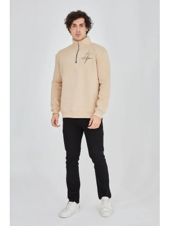Erkek Yarım Fermuarlı Baskılı 3 iplik pamuklu sweatshirt - Bej