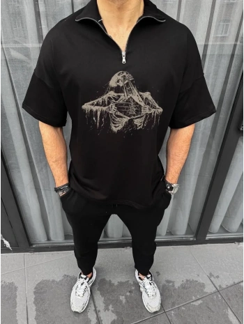 Erkek Yarım Fermuarlı Baskılı Oversize T-Shirt - Siyah