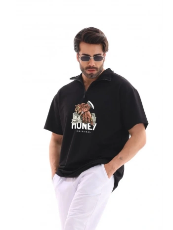 Erkek Yarım Fermuarlı Oversize Baskılı T-Shirt - Siyah