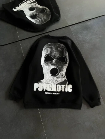 Kadın 3 iplik Kışlık Bisiklet Yaka Baskılı SweatShirt - Siyah