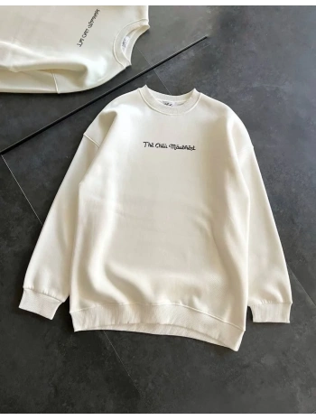 Kadın 3 İplik Pamuklu Bisiklet Yaka Baskılı SweatShirt - Beyaz